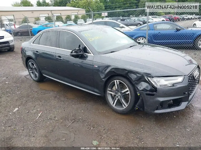 2017 Audi A4 2.0T Premium VIN: WAUENAF42HN005218 Lot: 42611394