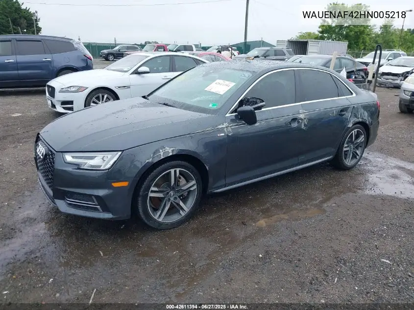 2017 Audi A4 2.0T Premium VIN: WAUENAF42HN005218 Lot: 42611394