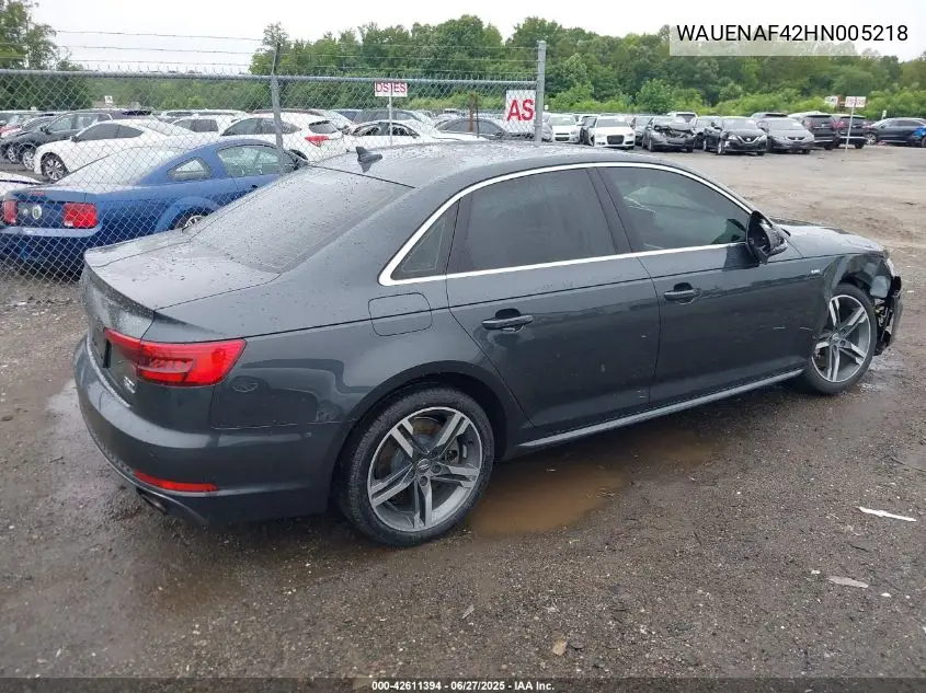 2017 Audi A4 2.0T Premium VIN: WAUENAF42HN005218 Lot: 42611394