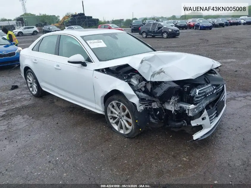 2019 Audi A4 45 Premium VIN: WAUENAF43KN005008 Lot: 42241008