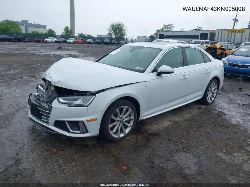 2019 Audi A4 45 Premium VIN: WAUENAF43KN005008 Lot: 42241008