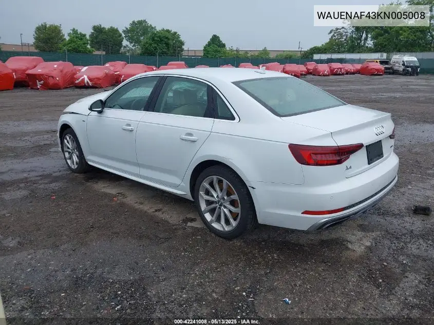 2019 Audi A4 45 Premium VIN: WAUENAF43KN005008 Lot: 42241008