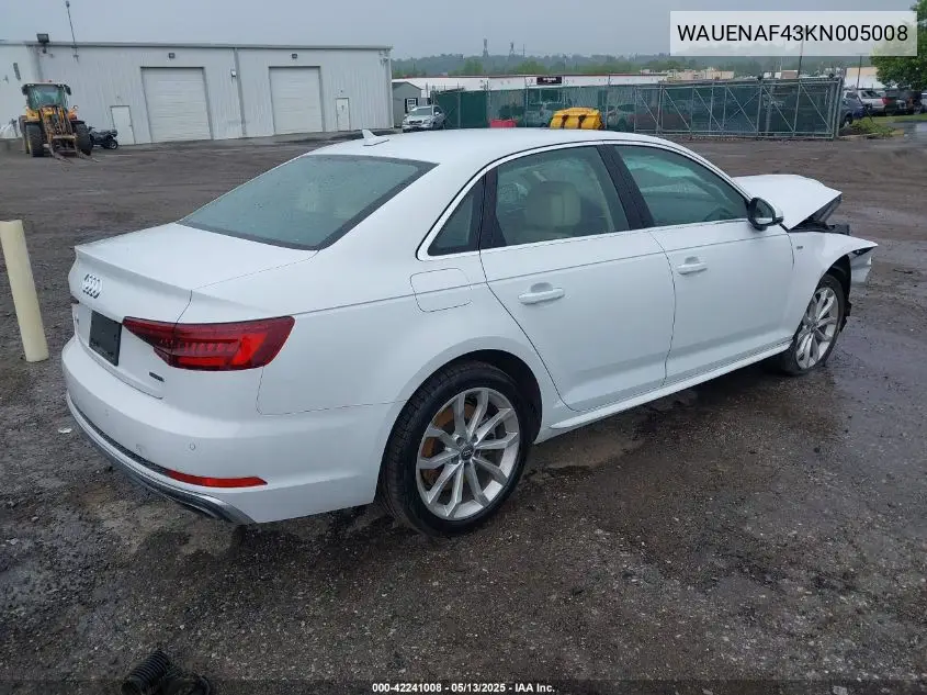 2019 Audi A4 45 Premium VIN: WAUENAF43KN005008 Lot: 42241008