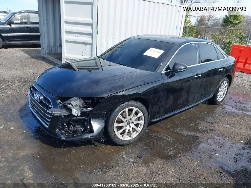 2021 Audi A4 Premium 40 Tfsi Quattro S Tronic VIN: WAUABAF47MA039793 Lot: 41763169