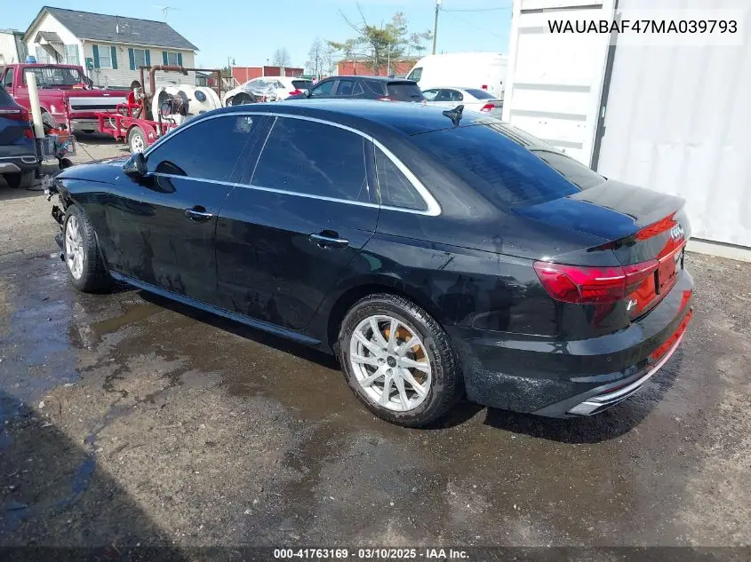 2021 Audi A4 Premium 40 Tfsi Quattro S Tronic VIN: WAUABAF47MA039793 Lot: 41763169