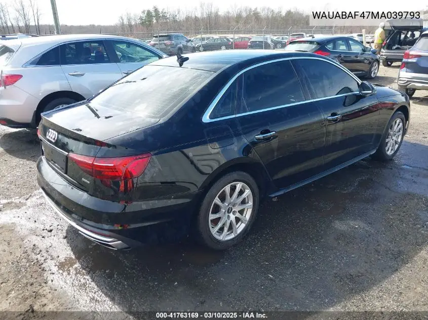 2021 Audi A4 Premium 40 Tfsi Quattro S Tronic VIN: WAUABAF47MA039793 Lot: 41763169