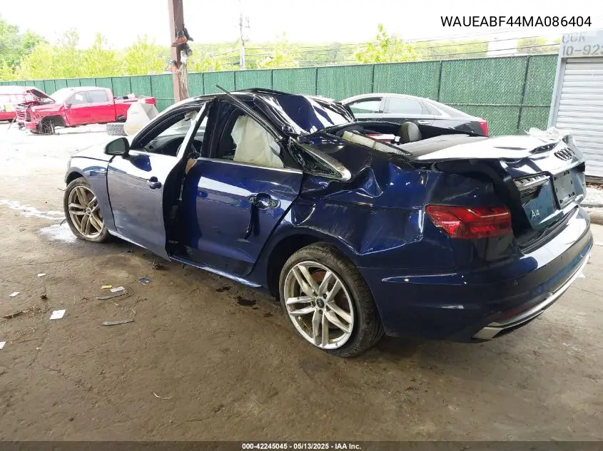 2021 Audi A4 Premium Plus 45 Tfsi S Line Quattro S Tronic VIN: WAUEABF44MA086404 Lot: 42245045