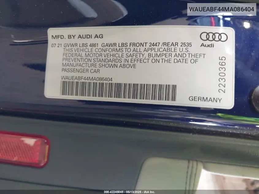 2021 Audi A4 Premium Plus 45 Tfsi S Line Quattro S Tronic VIN: WAUEABF44MA086404 Lot: 42245045