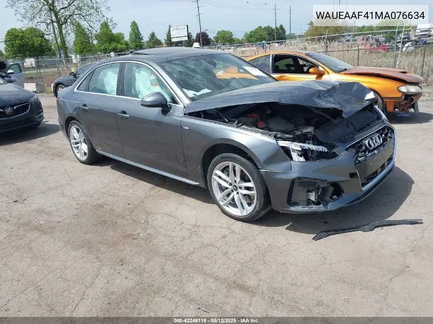 2021 Audi A4 Premium Plus 45 Tfsi S Line Quattro S Tronic VIN: WAUEAAF41MA076634 Lot: 42246116