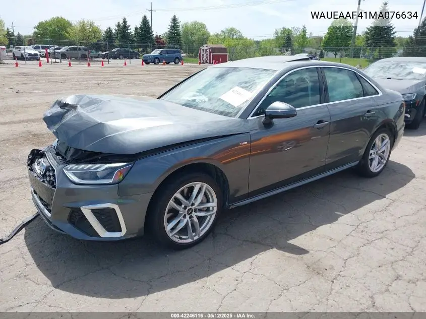 2021 Audi A4 Premium Plus 45 Tfsi S Line Quattro S Tronic VIN: WAUEAAF41MA076634 Lot: 42246116