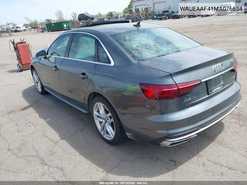 2021 Audi A4 Premium Plus 45 Tfsi S Line Quattro S Tronic VIN: WAUEAAF41MA076634 Lot: 42246116