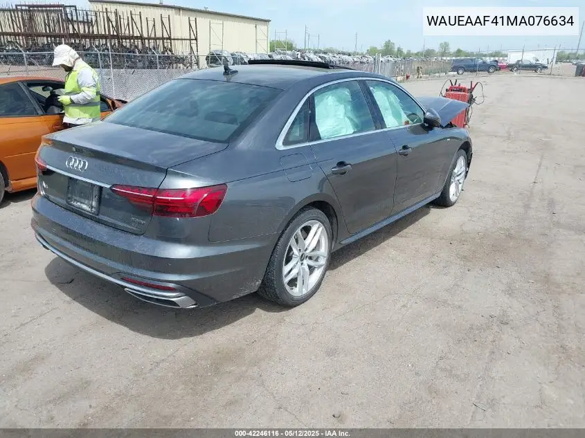 2021 Audi A4 Premium Plus 45 Tfsi S Line Quattro S Tronic VIN: WAUEAAF41MA076634 Lot: 42246116