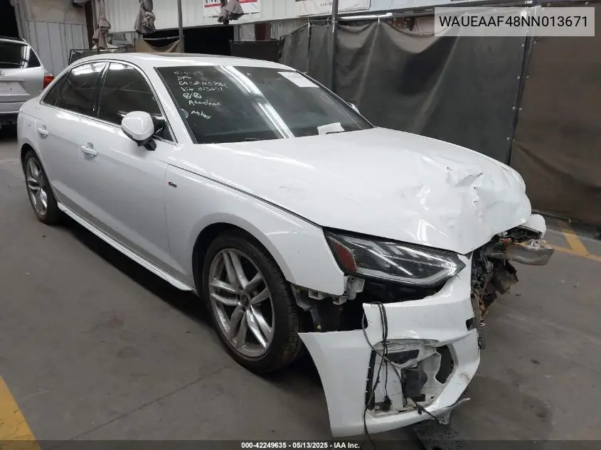 2022 Audi A4 Premium Plus 45 Tfsi S Line Quattro S Tronic VIN: WAUEAAF48NN013671 Lot: 42249635