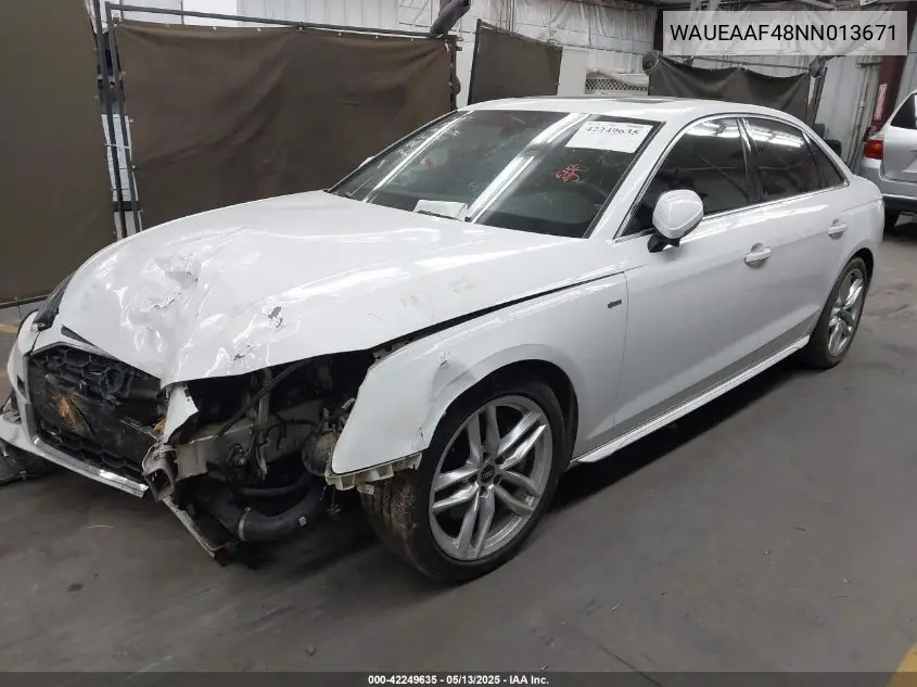 2022 Audi A4 Premium Plus 45 Tfsi S Line Quattro S Tronic VIN: WAUEAAF48NN013671 Lot: 42249635