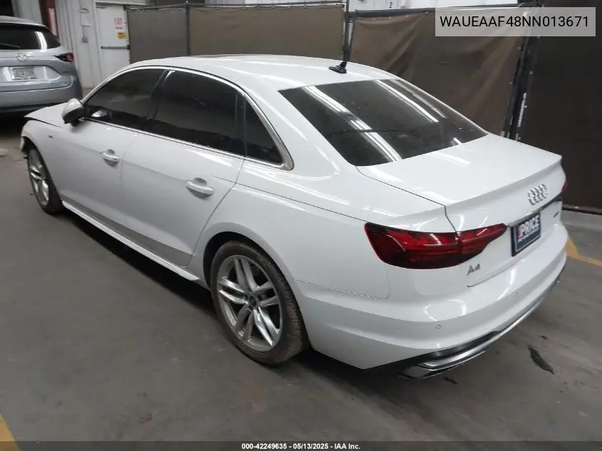 2022 Audi A4 Premium Plus 45 Tfsi S Line Quattro S Tronic VIN: WAUEAAF48NN013671 Lot: 42249635