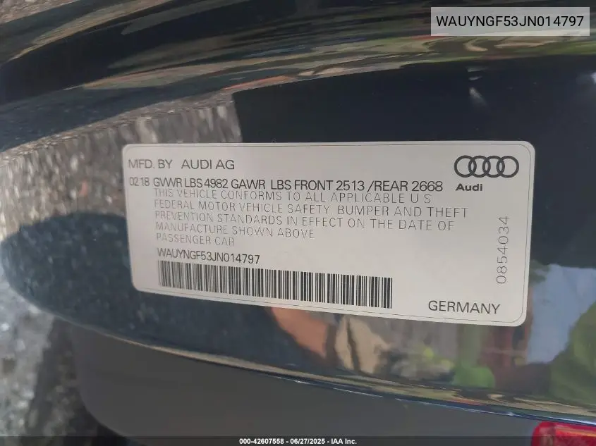 2018 Audi A5 2.0T Premium VIN: WAUYNGF53JN014797 Lot: 42607558