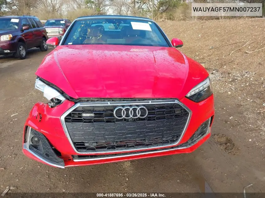 2021 Audi A5 Cabriolet Prestige 45 Tfsi Quattro S Tronic VIN: WAUYAGF57MN007237 Lot: 41887695