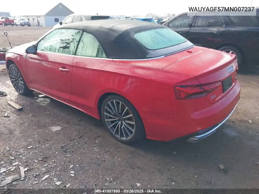 2021 Audi A5 Cabriolet Prestige 45 Tfsi Quattro S Tronic VIN: WAUYAGF57MN007237 Lot: 41887695