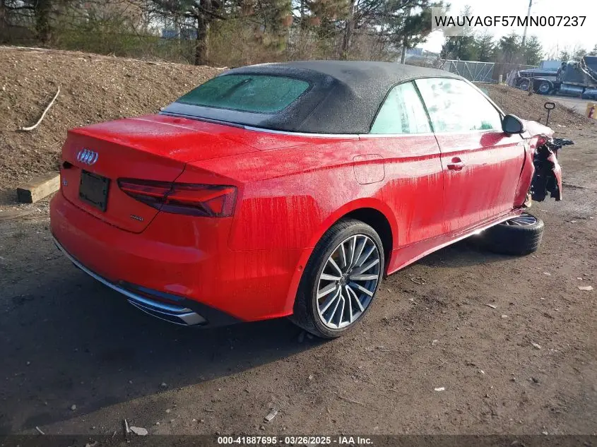 2021 Audi A5 Cabriolet Prestige 45 Tfsi Quattro S Tronic VIN: WAUYAGF57MN007237 Lot: 41887695