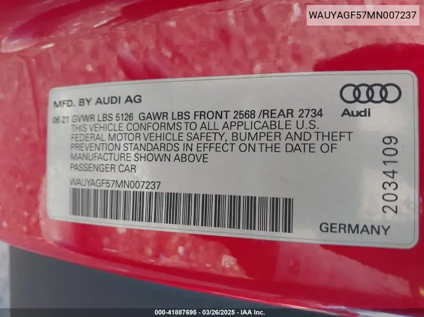 2021 Audi A5 Cabriolet Prestige 45 Tfsi Quattro S Tronic VIN: WAUYAGF57MN007237 Lot: 41887695