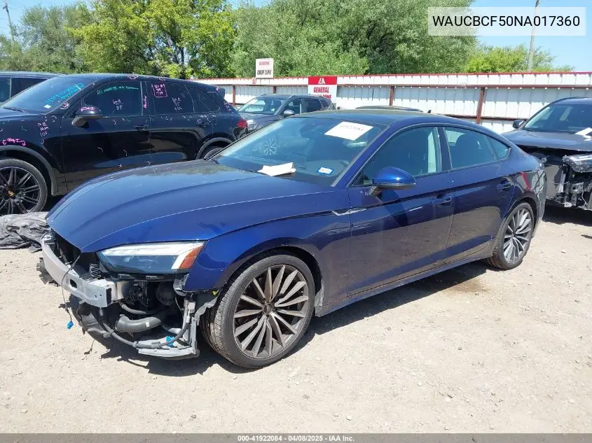 2022 Audi A5 Sportback Premium Plus 40 Tfsi Quattro S Tronic VIN: WAUCBCF50NA017360 Lot: 41922084