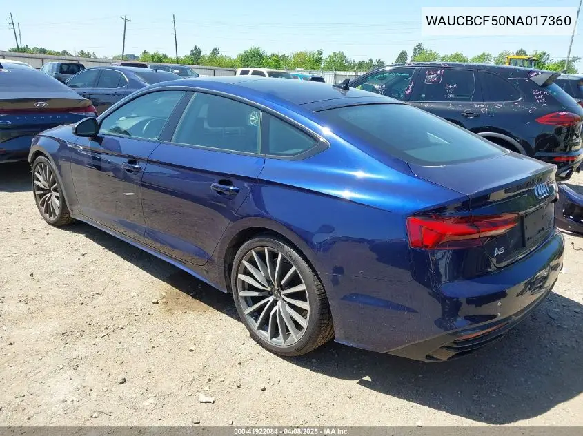2022 Audi A5 Sportback Premium Plus 40 Tfsi Quattro S Tronic VIN: WAUCBCF50NA017360 Lot: 41922084