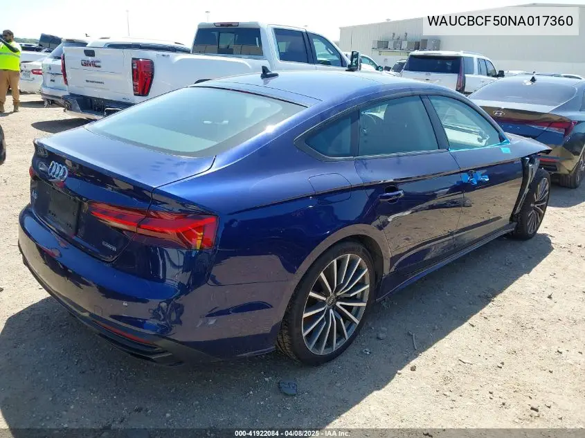 2022 Audi A5 Sportback Premium Plus 40 Tfsi Quattro S Tronic VIN: WAUCBCF50NA017360 Lot: 41922084