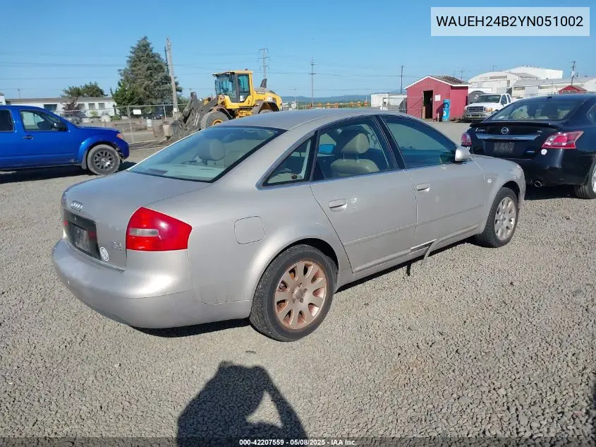 2000 Audi A6 VIN: WAUEH24B2YN051002 Lot: 42207559