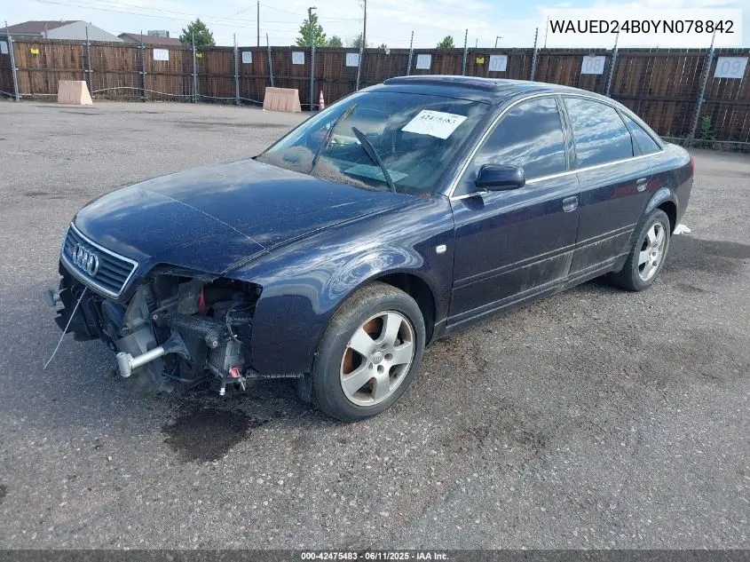 2000 Audi A6 2.7T Quattro VIN: WAUED24B0YN078842 Lot: 42475483