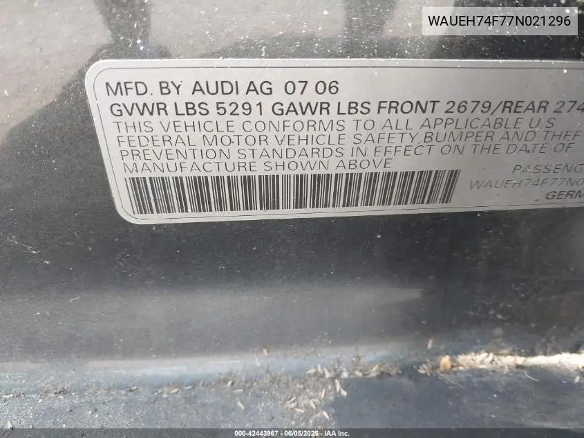 2007 Audi A6 3.2 VIN: WAUEH74F77N021296 Lot: 42443967