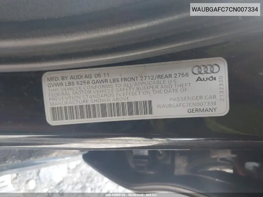 2012 Audi A6 3.0 Premium VIN: WAUBGAFC7CN007334 Lot: 42599136