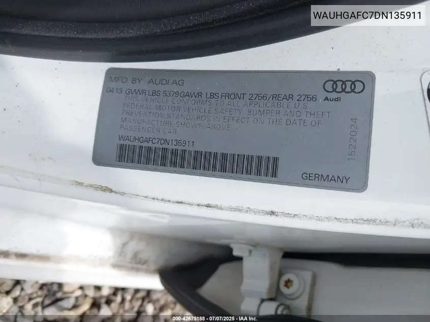 2013 Audi A6 3.0T Premium VIN: WAUHGAFC7DN135911 Lot: 42675188