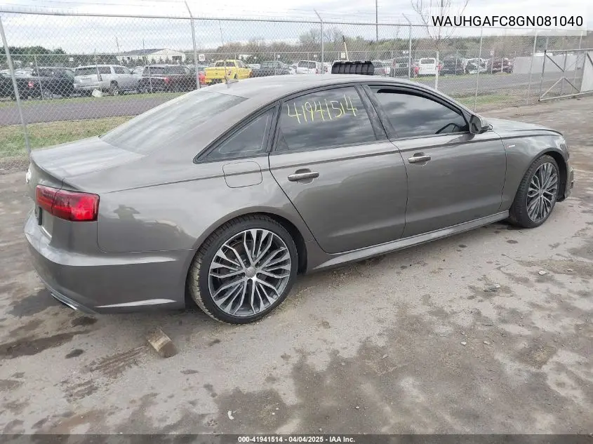 2016 Audi A6 3.0T Premium Plus VIN: WAUHGAFC8GN081040 Lot: 41941514