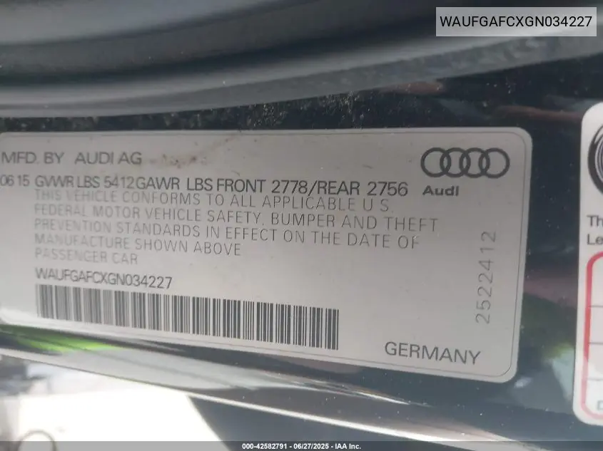 2016 Audi A6 3.0T Premium Plus VIN: WAUFGAFCXGN034227 Lot: 42582791