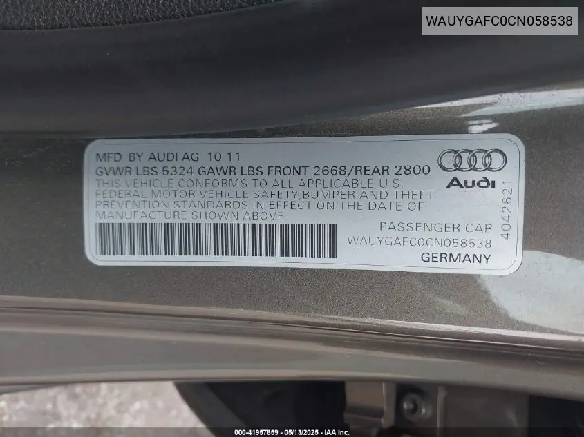 2012 Audi A7 Premium VIN: WAUYGAFC0CN058538 Lot: 41957859