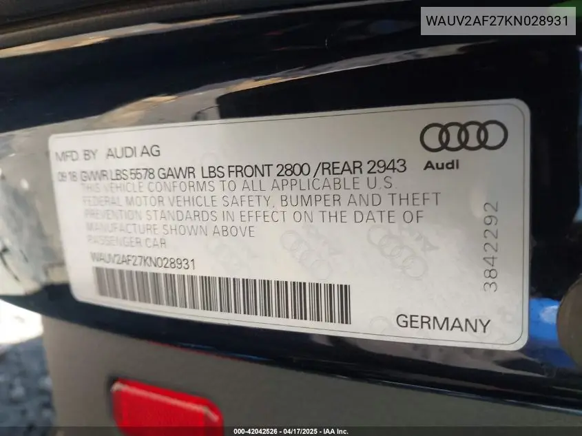 2019 Audi A7 55 Premium VIN: WAUV2AF27KN028931 Lot: 42042526