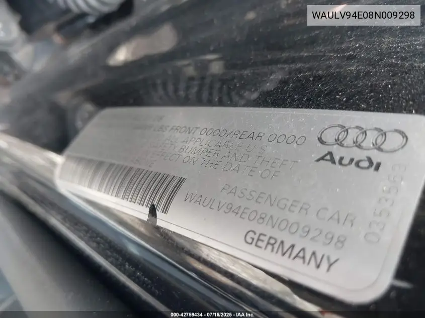 2008 Audi A8 4.2 VIN: WAULV94E08N009298 Lot: 42759434