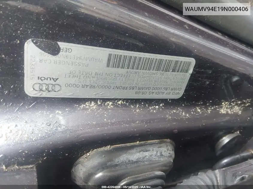 2009 Audi A8 L 4.2 VIN: WAUMV94E19N000406 Lot: 42264086