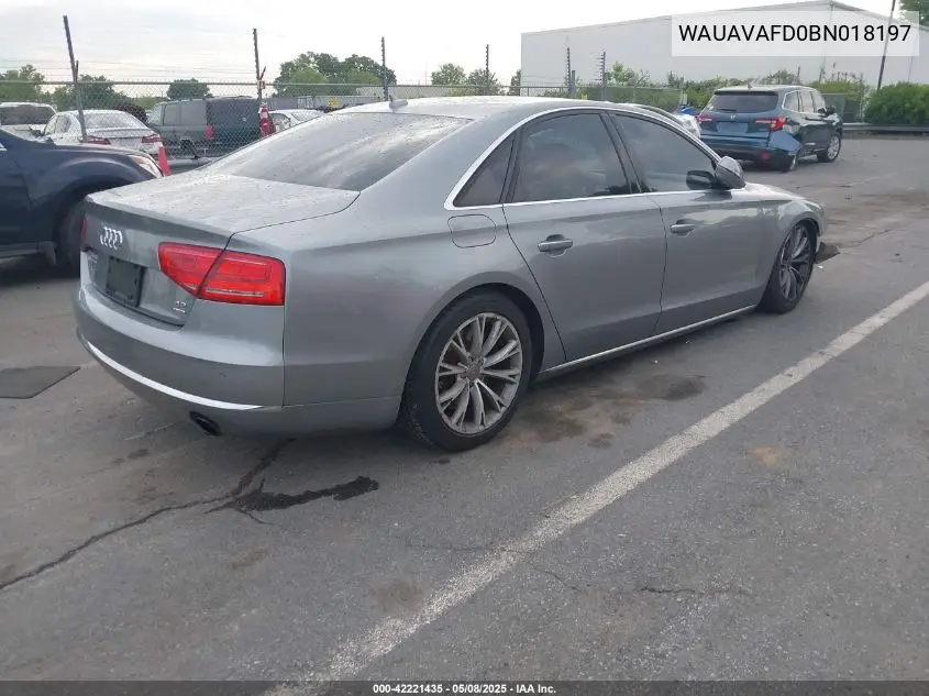 2011 Audi A8 Quattro VIN: WAUAVAFD0BN018197 Lot: 42221435