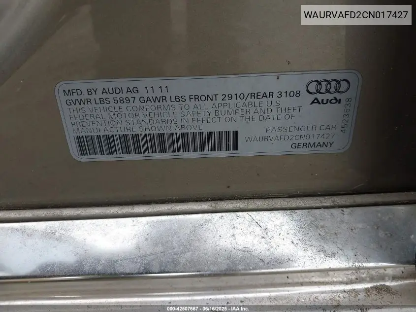 2012 Audi A8 L 4.2 VIN: WAURVAFD2CN017427 Lot: 42507667