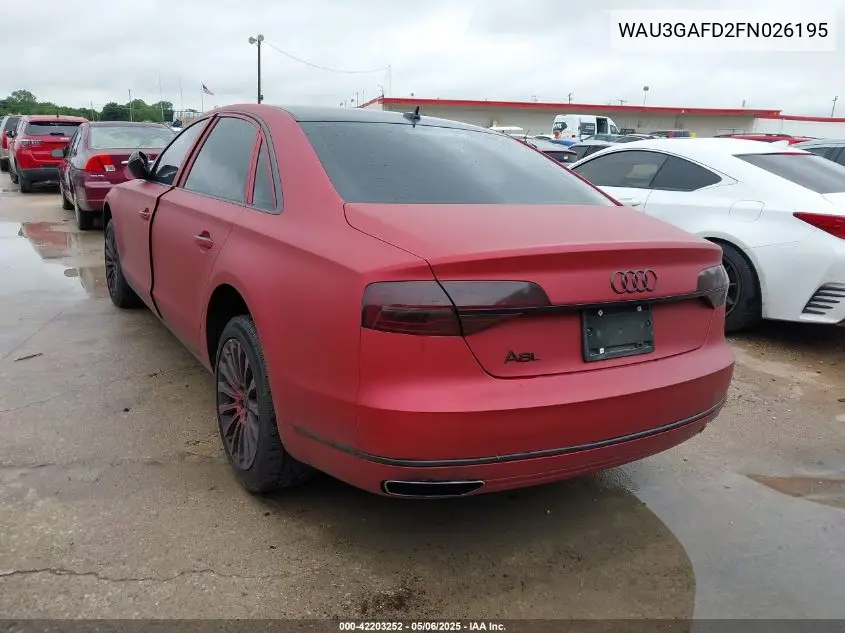 2015 Audi A8 L 3.0T VIN: WAU3GAFD2FN026195 Lot: 42203252