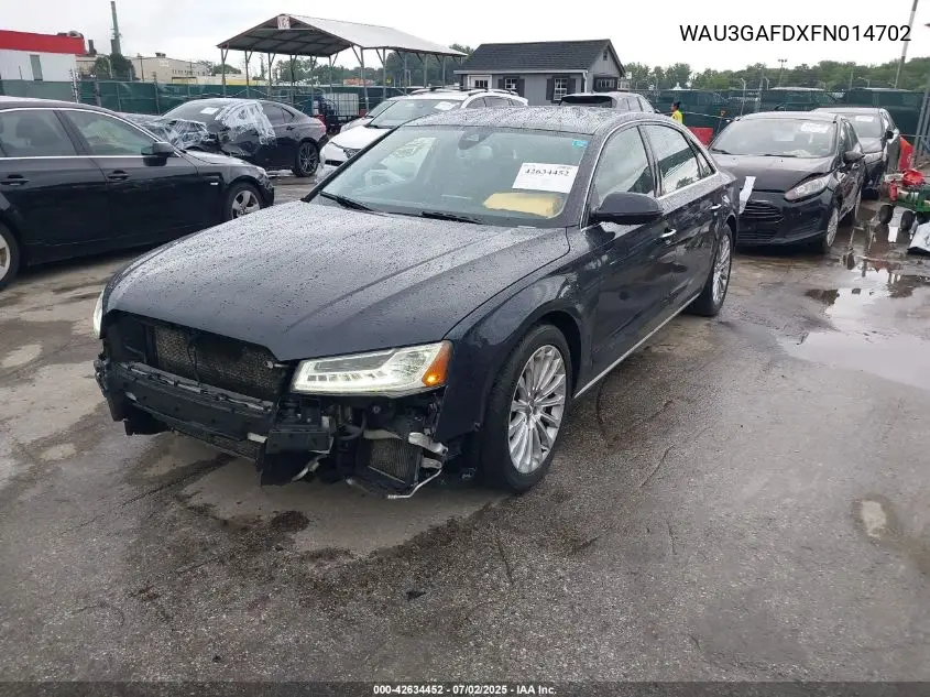 2015 Audi A8 L 3.0T VIN: WAU3GAFDXFN014702 Lot: 42634452