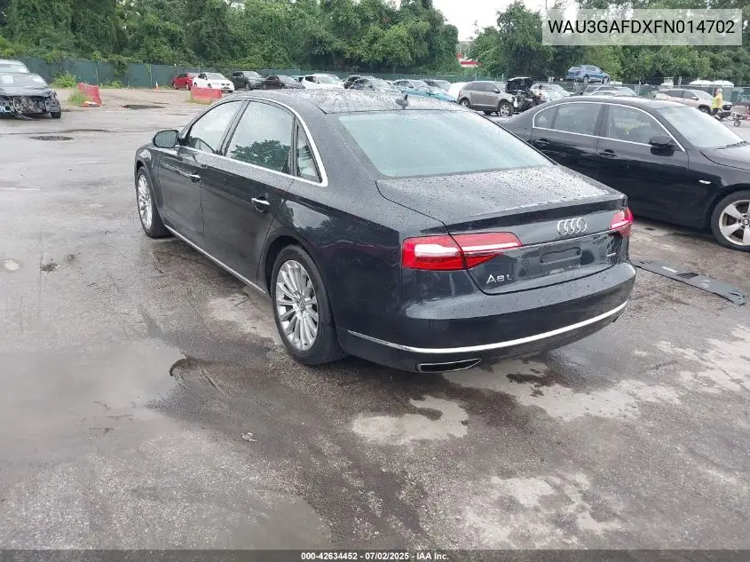 2015 Audi A8 L 3.0T VIN: WAU3GAFDXFN014702 Lot: 42634452