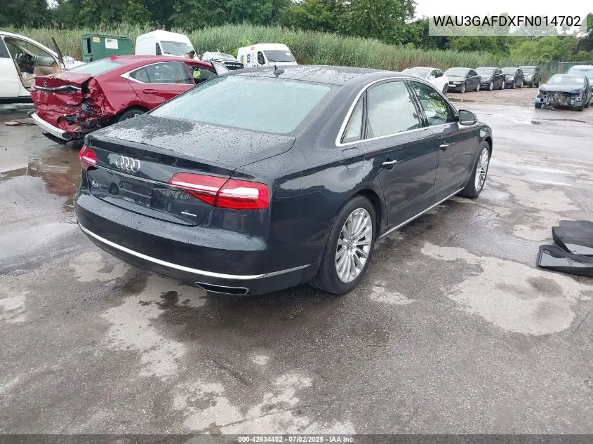 2015 Audi A8 L 3.0T VIN: WAU3GAFDXFN014702 Lot: 42634452