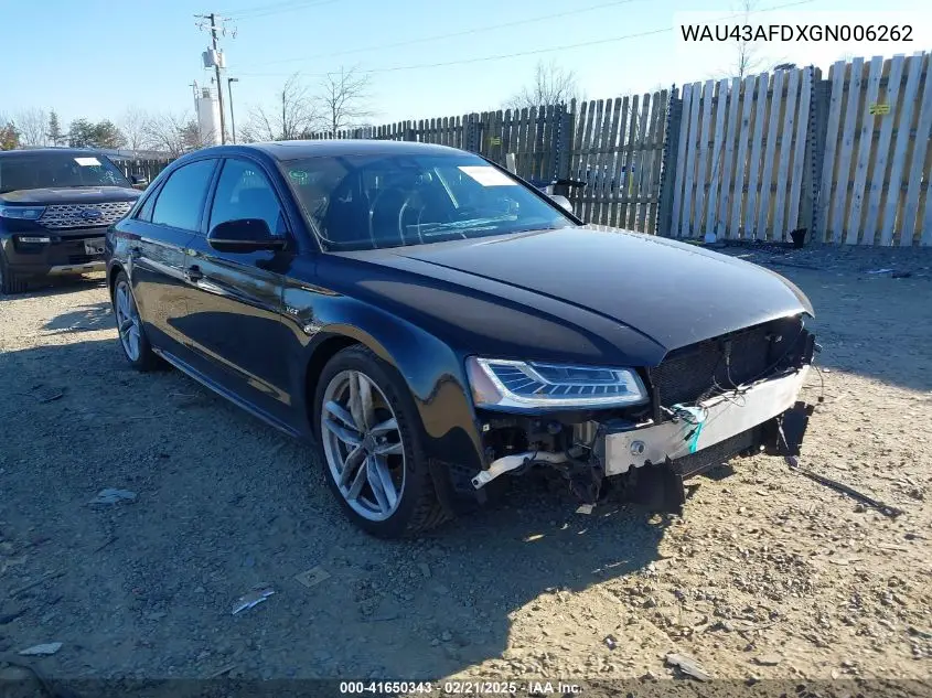 2016 Audi A8 L 4.0T Sport VIN: WAU43AFDXGN006262 Lot: 41650343