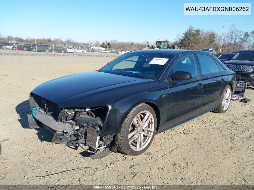 2016 Audi A8 L 4.0T Sport VIN: WAU43AFDXGN006262 Lot: 41650343