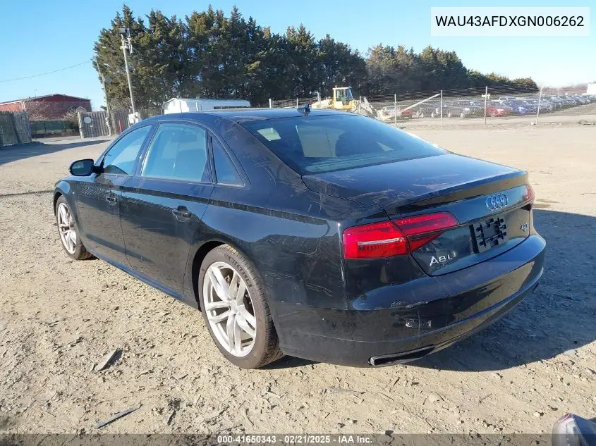 2016 Audi A8 L 4.0T Sport VIN: WAU43AFDXGN006262 Lot: 41650343