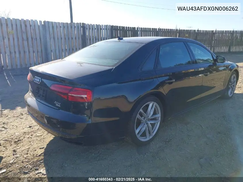 2016 Audi A8 L 4.0T Sport VIN: WAU43AFDXGN006262 Lot: 41650343
