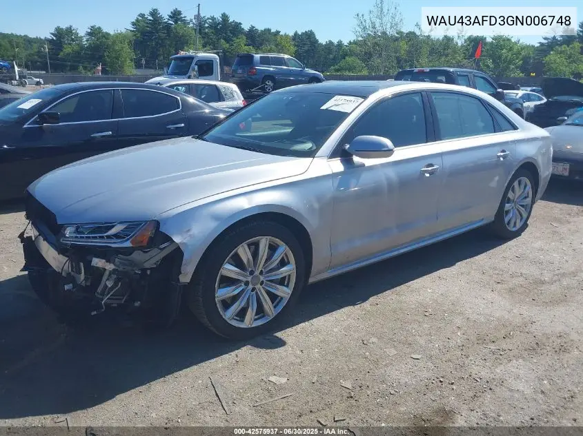 2016 Audi A8 L 4.0T Sport VIN: WAU43AFD3GN006748 Lot: 42575937
