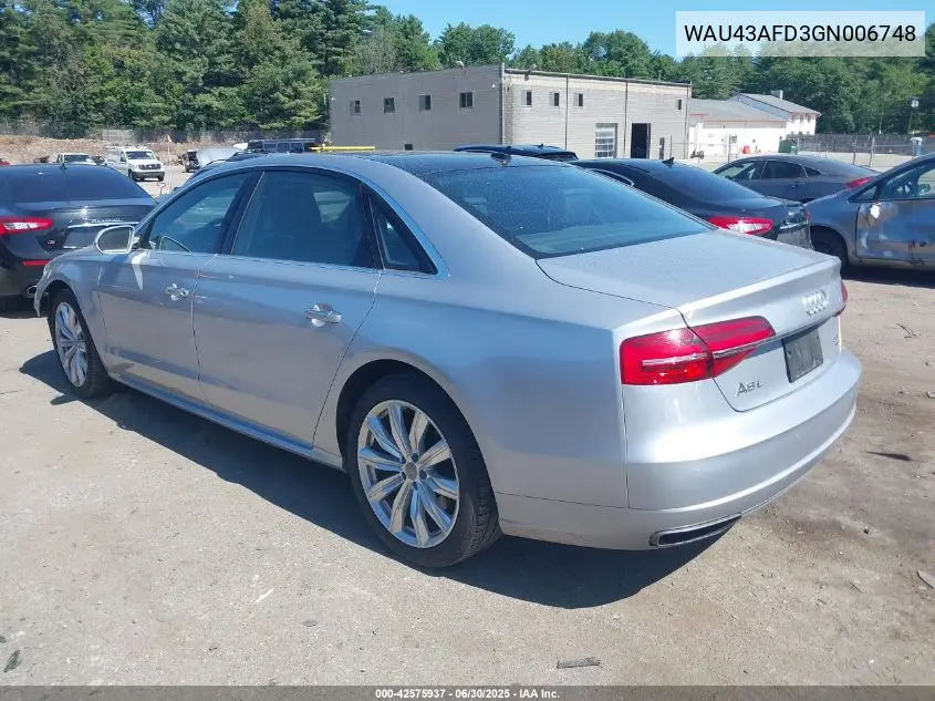 2016 Audi A8 L 4.0T Sport VIN: WAU43AFD3GN006748 Lot: 42575937